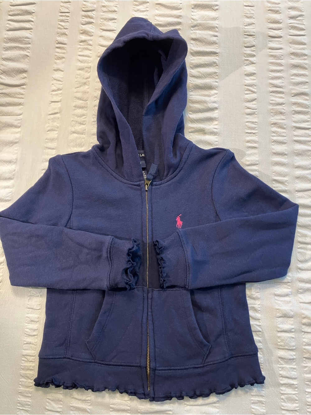 Ralph Lauren Girls Navy Hooded Zip-Up Sweatshirt with Pink Pony